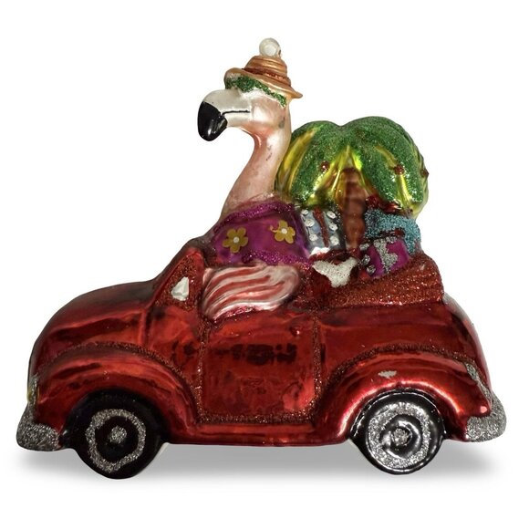 Flamingo In Red Convertible Christmas Ornament Tropical Palm Tree Car Holiday - Picture 2 of 9